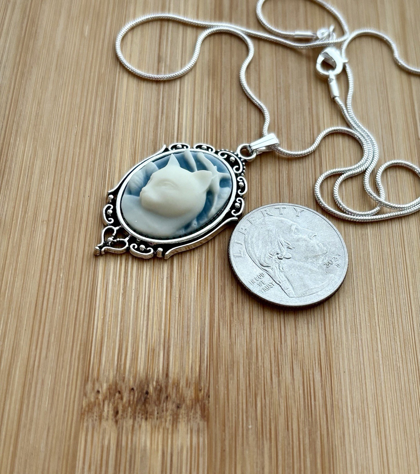 Cat Cameo Necklace Vtg Victorian Style Pendant Cream/Blue, Sterling Silver Chain