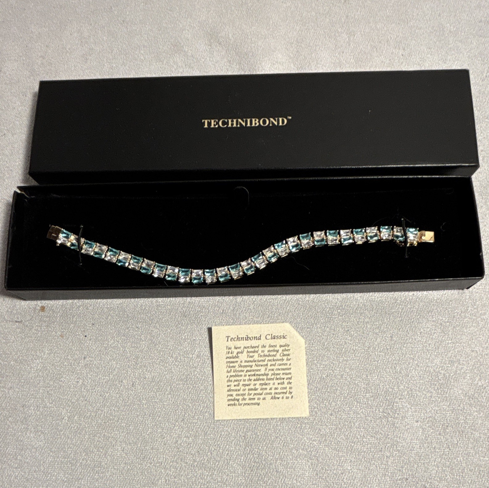 Technibond Classic Gold Bonded Tennis Bracelet Blue Square Stones Signed