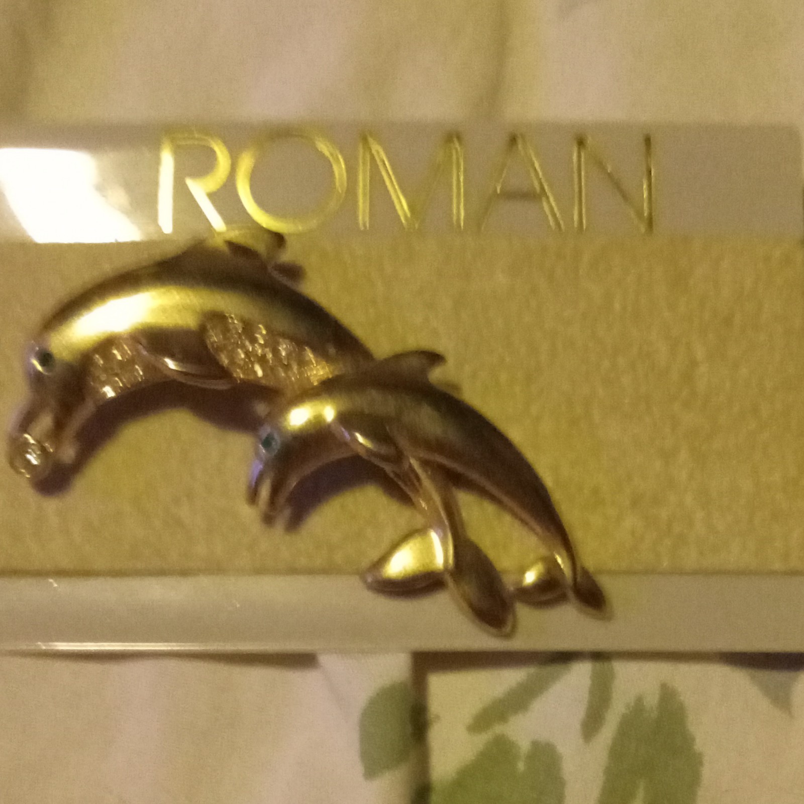 Vintage Roman Gold Tone Dolphin Brooch Pin Clear Round Rhinestone Eye Signed