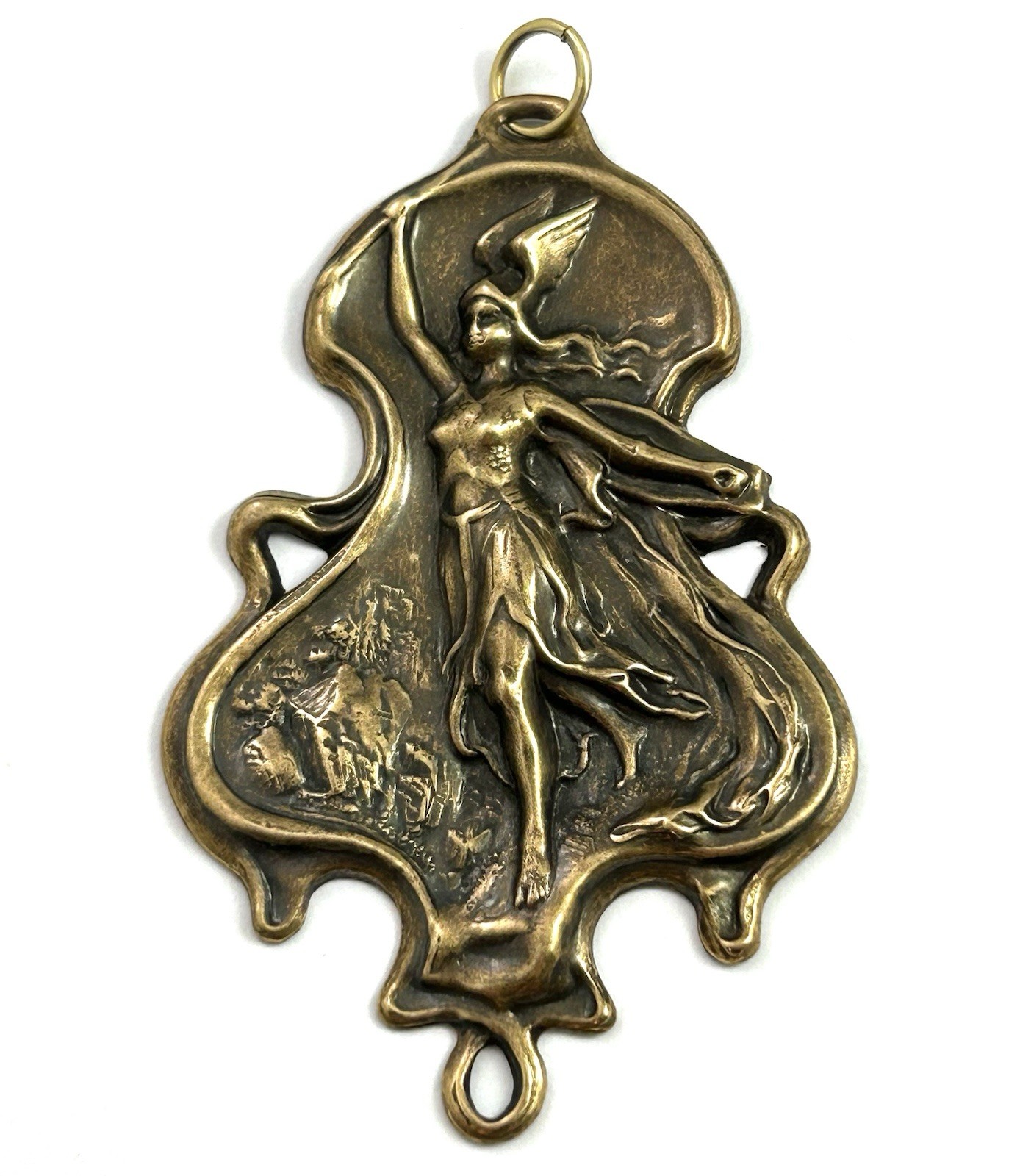 Winged Victory Charm Nike Goddess Art Nouveau Pendant Antiqued Brass Jewelry