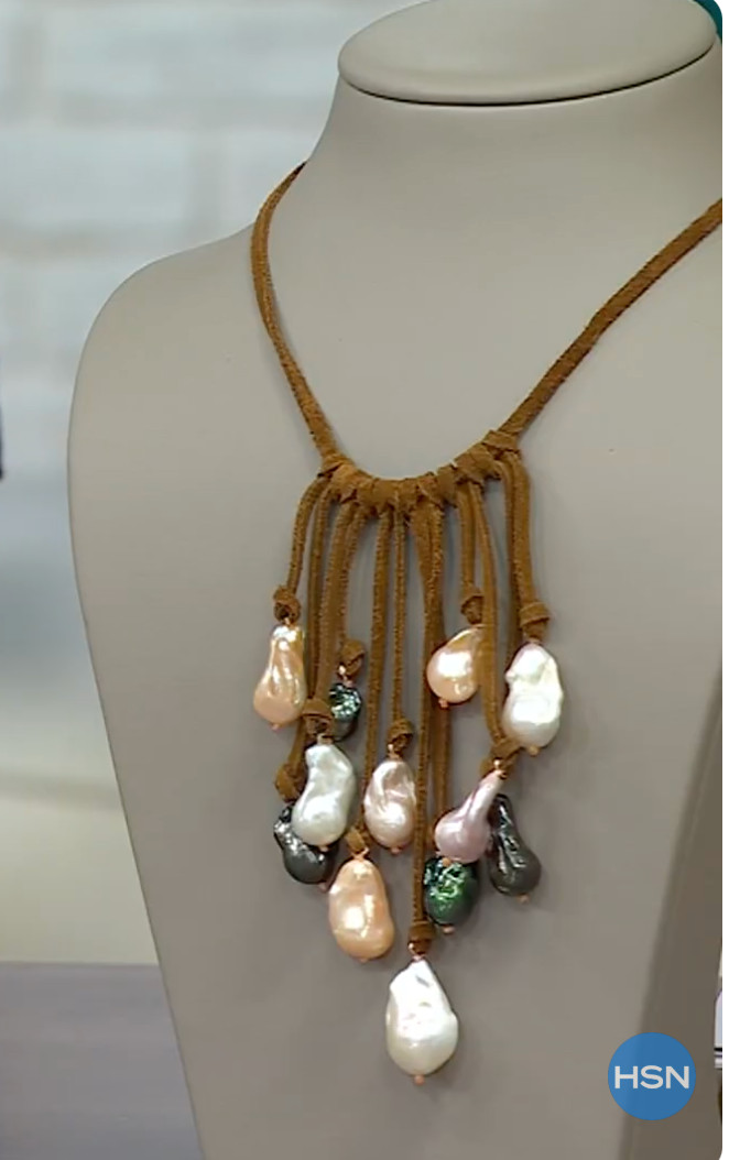 Rarities Carol Brodie Baroque Pearl Suede Waterfall Bolo Necklace Multi Color