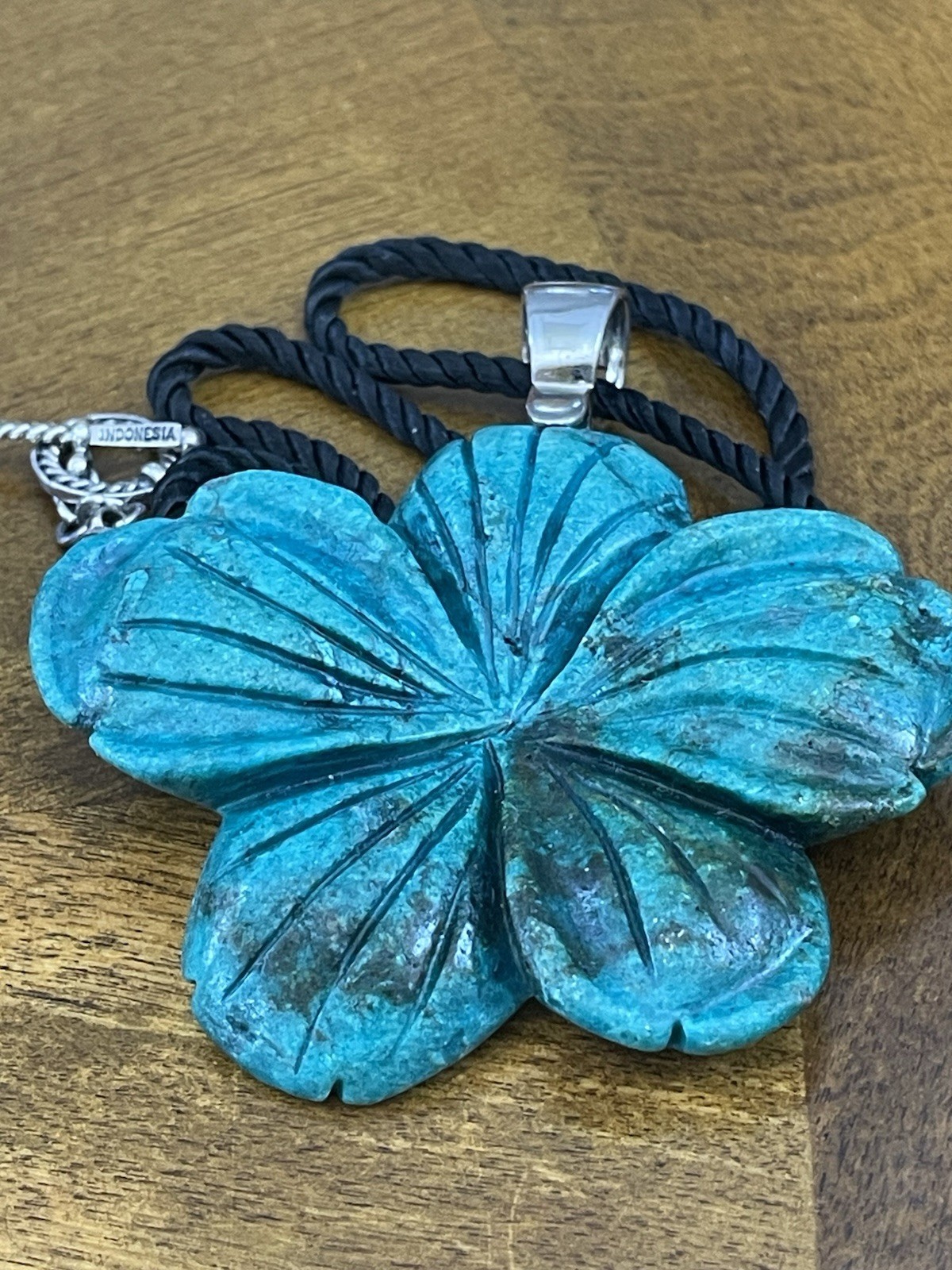Large Carved Turquoise Look Flower Pendant. 925 Clasp On Rope