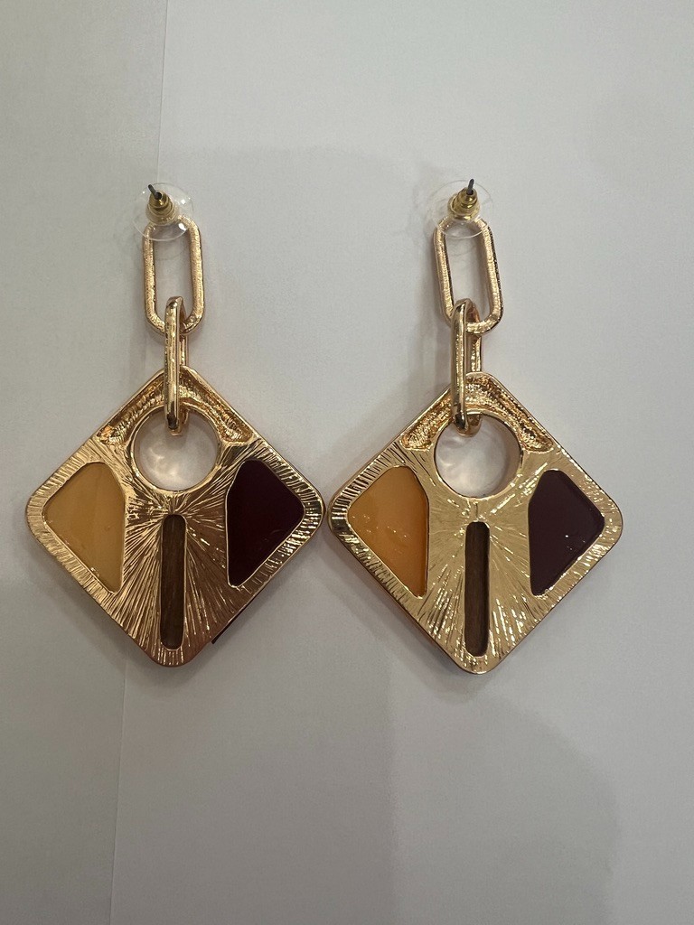 Geometric Earrings Gold Amber Wine Blush Wood 3” Mod Uncas Int Vendor Sample