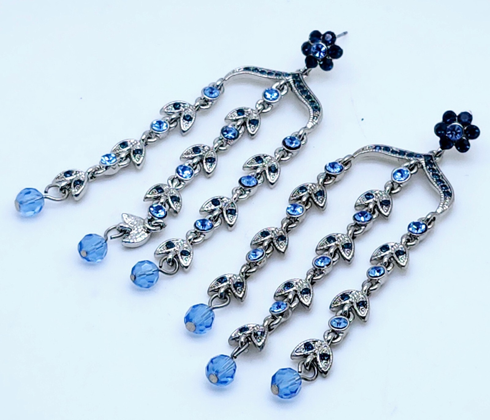 3.25″ Long blue Rhinestone 3 Line Dangling Chandelier fashion party Earrings