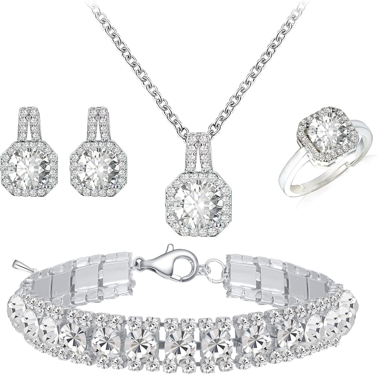 Cubic Zirconia Jewelry Set Necklace Earrings Bracelet Ring 4pcs