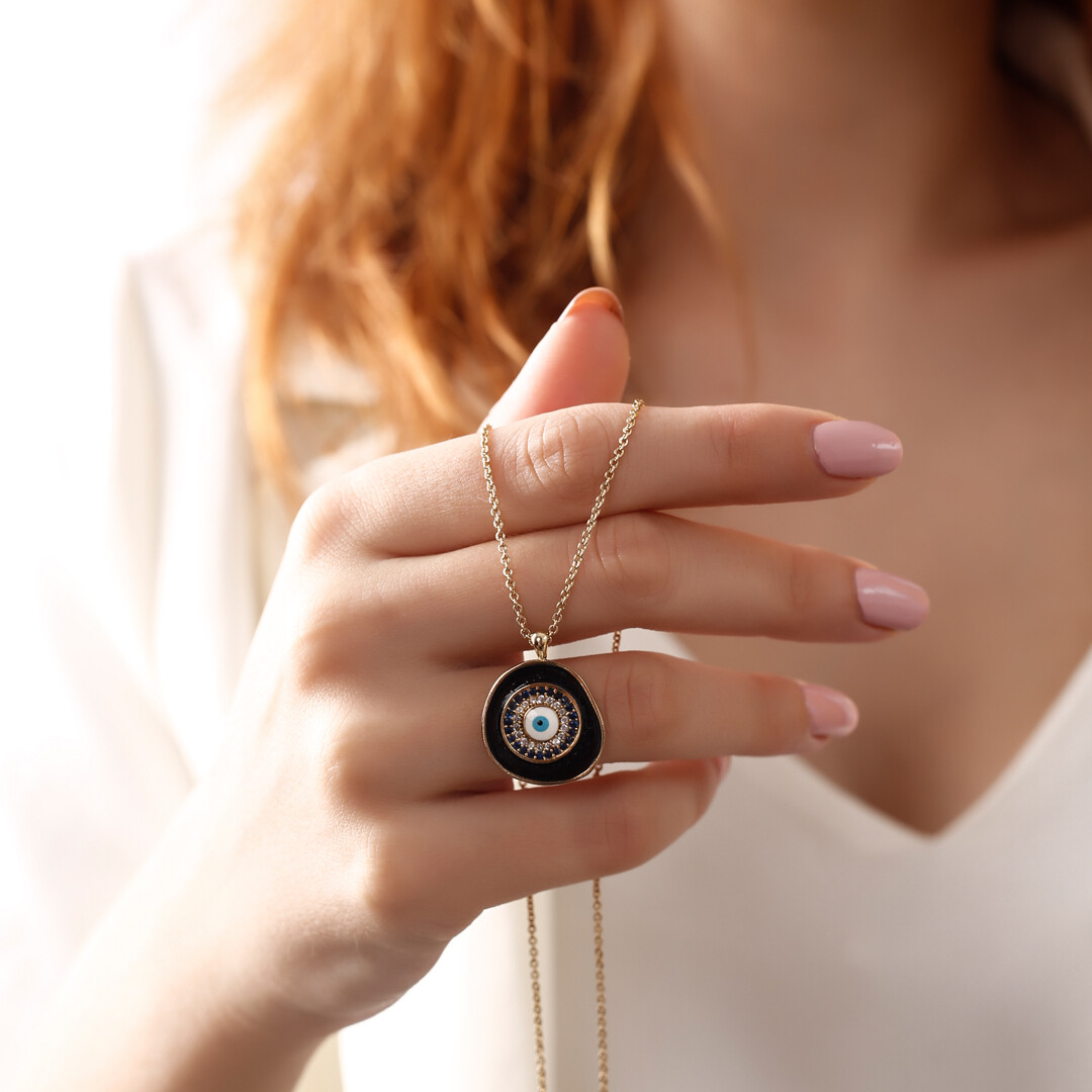 PERGEN 14K Gold-Plated Black, Authentic Evil Eye Necklace Summer Minimalist Gift