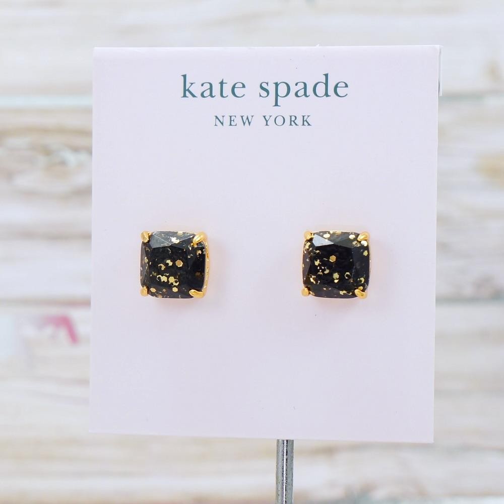 NWT Kate Spade Mini square Black Gold glitter studs earring Gold Plated