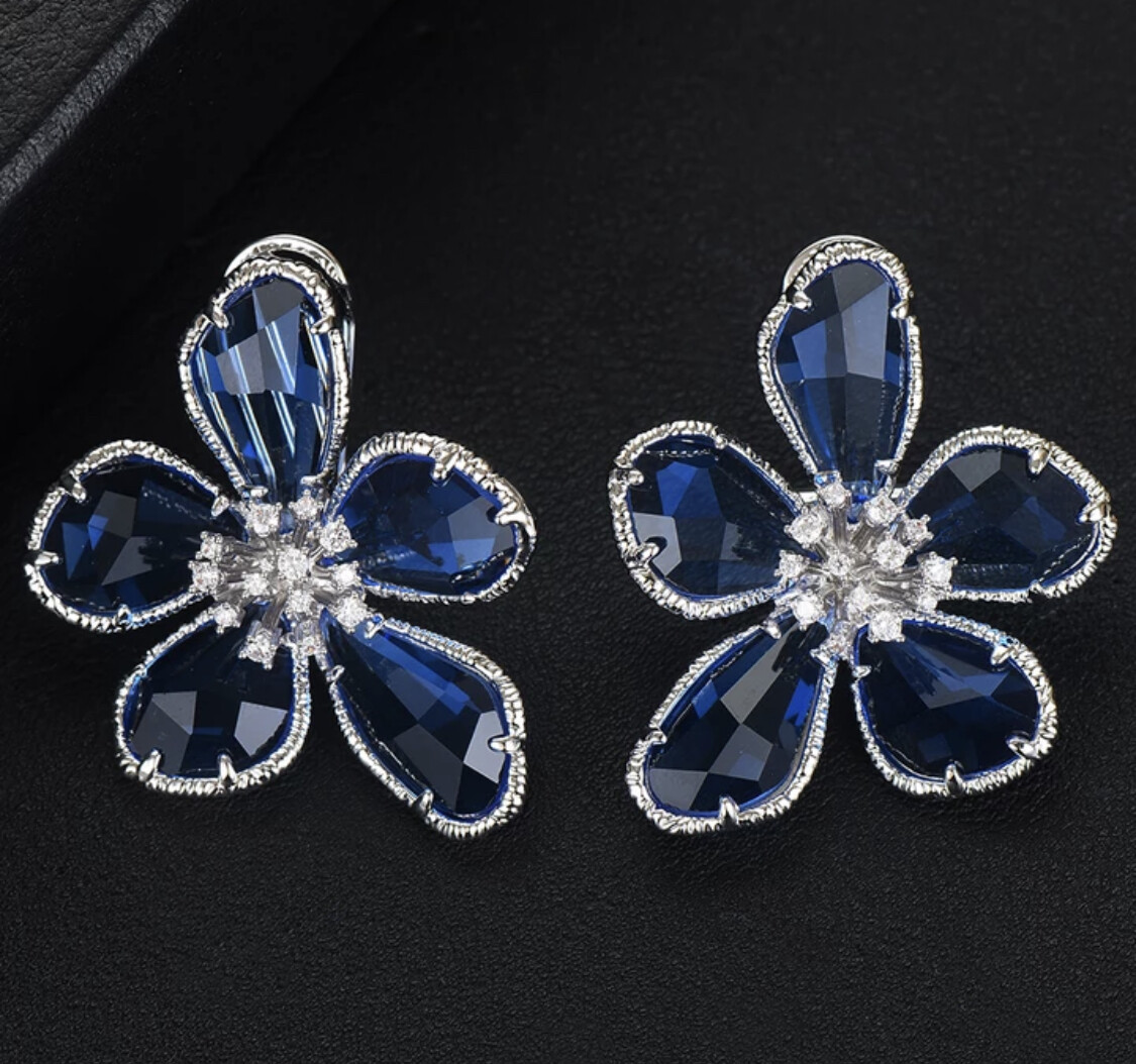 18K White Gold Plated Flower Blue Earrings made w Swarovski Crystal Elegant Gift