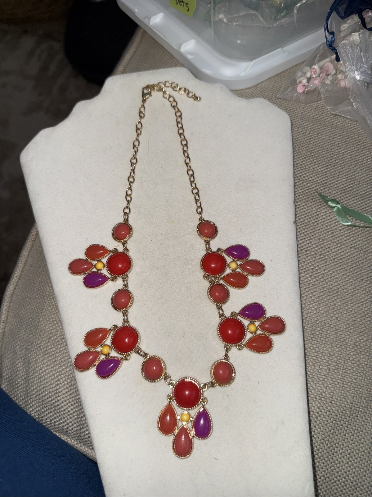Boho Stylish Mixed Pink Coral Orange Colors Statement Bib Gold Tone Necklace