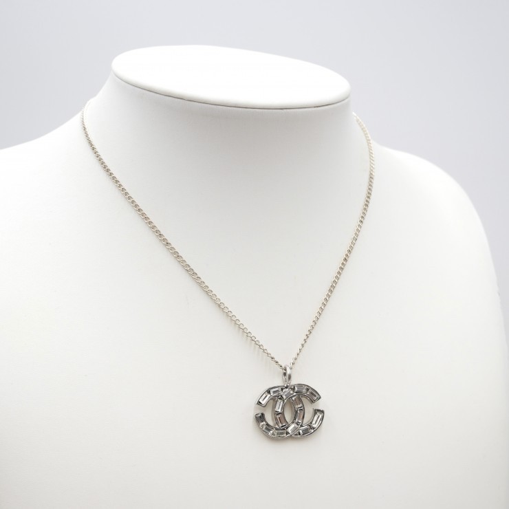 CHANEL Coco Mark Pendant Necklace Silver Tone Clear Stone 42cm