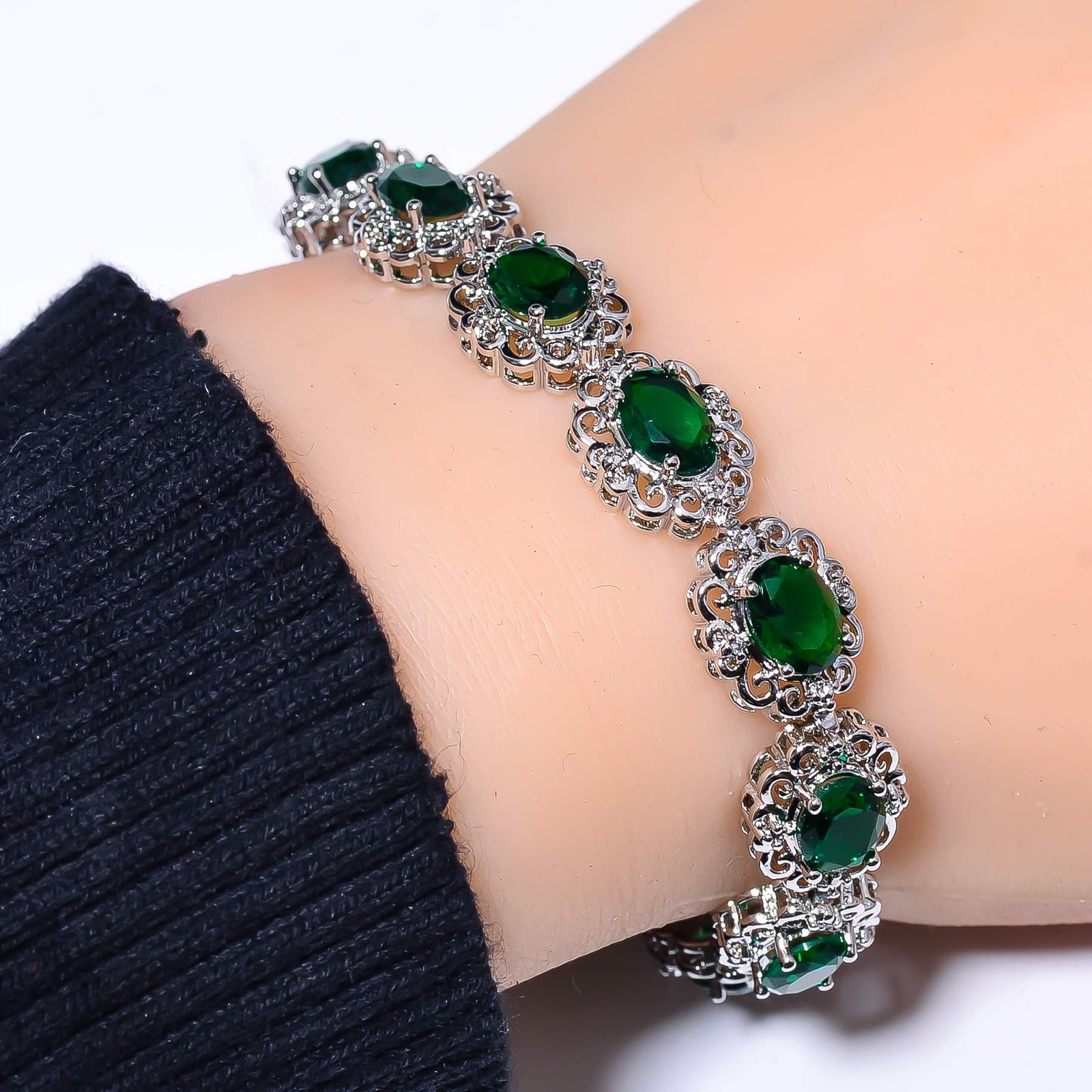 Tsavorite & Cubic Zirconia 925 Sterling Silver Tennis Bracelet 7.99″ B97337348