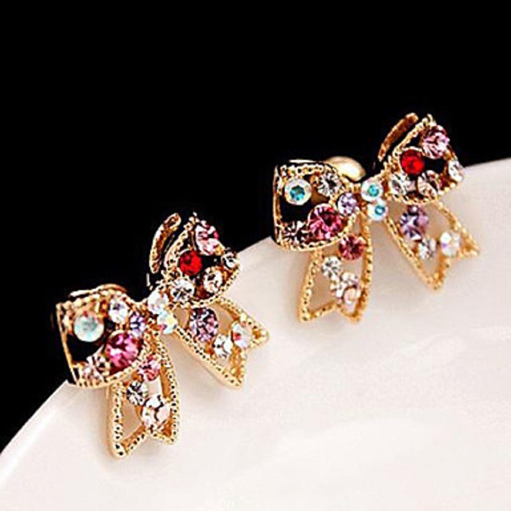 Women Stud Earrings Love Luxury Cute Style Rhinestone Alloy Bowknot – 1x Random