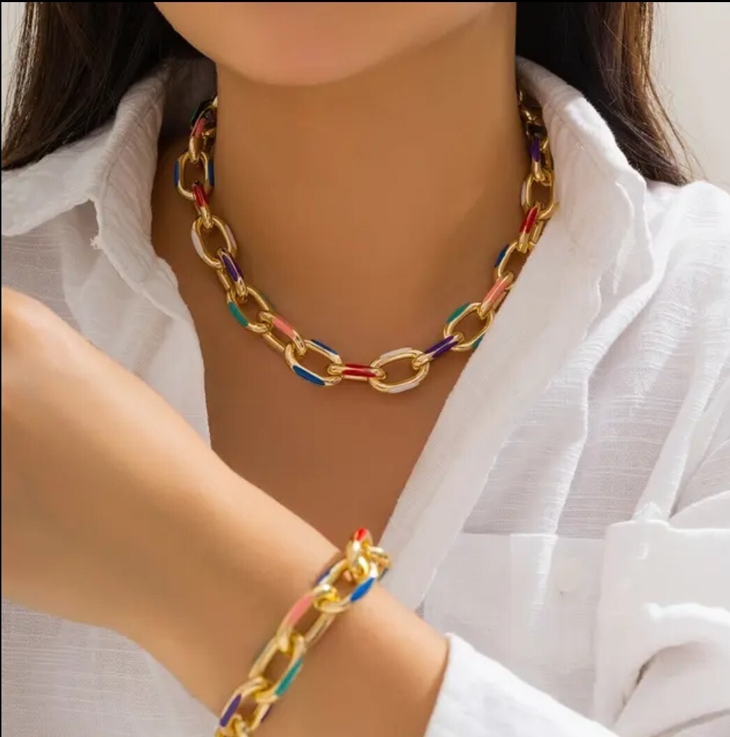 Chunky Statement Jewelry Set Gold Multi Color Necklace & Bracelet 13-8
