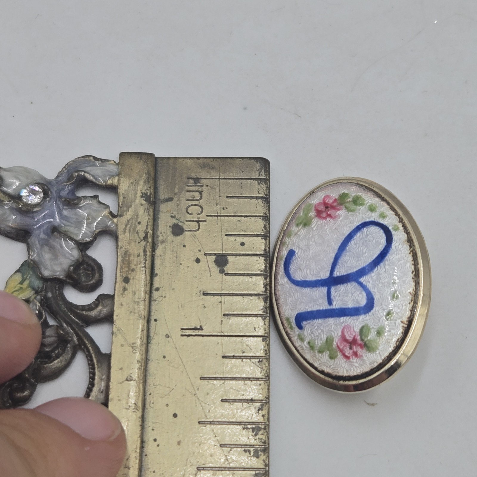 Vintage Guilloche Enamel Initial Blue A Pink Flowers Brooch Pin
