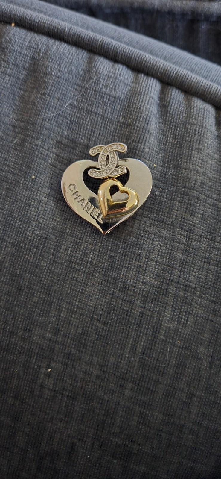 CHANEL Signed Heart Logo Charm Pendant Silver & Gold Tone Pavé Clear