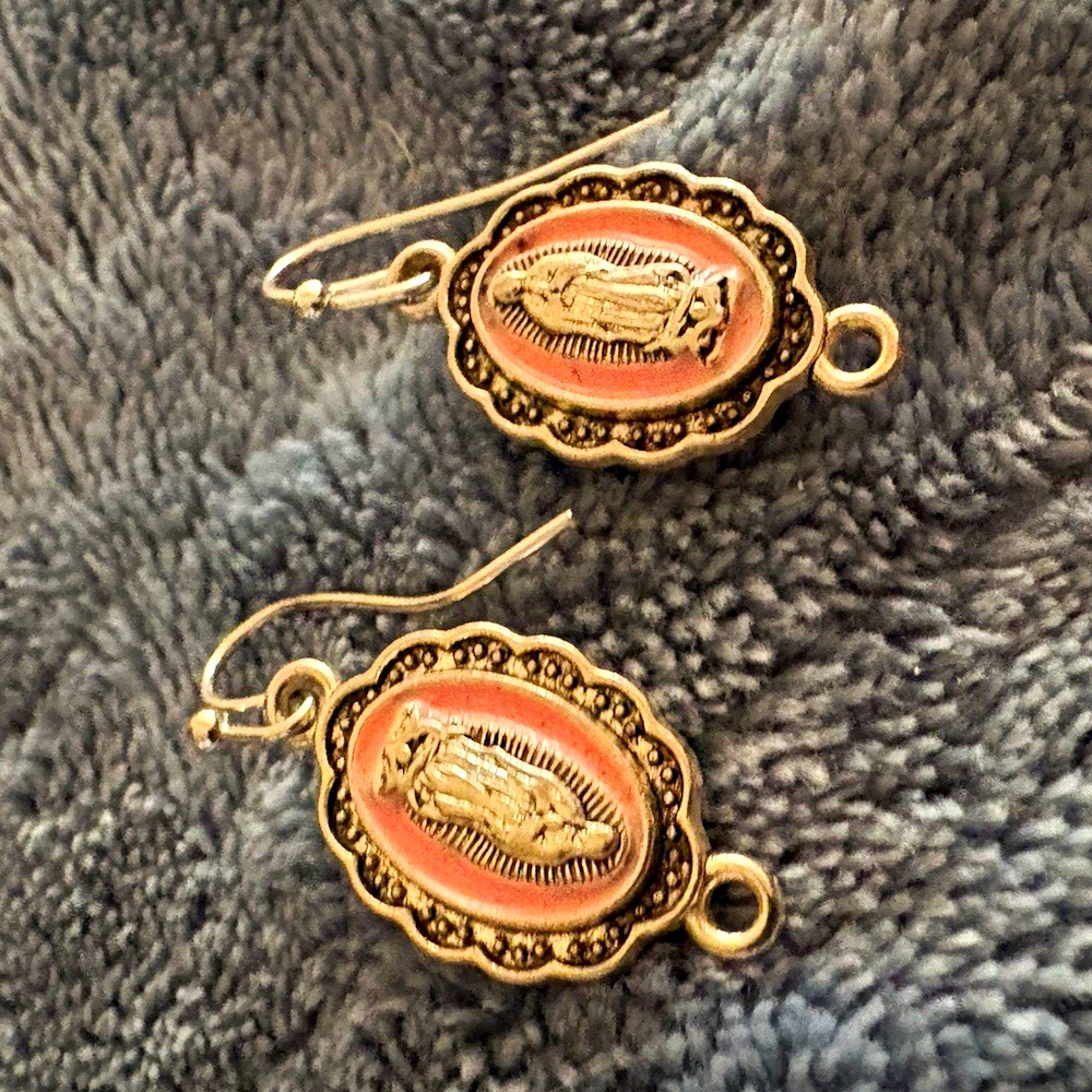 Silver Tone Metal Pink Oval Religious Medallion Dangle/Drop Hook Earrings