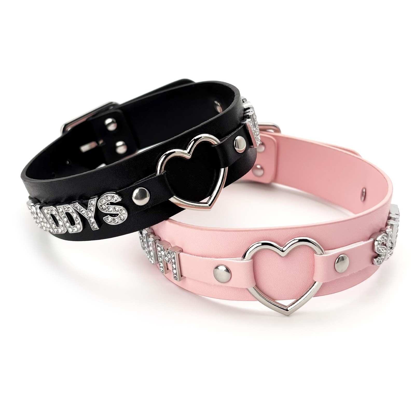 Pink Leather Heart O-Ring Choker Necklace for Women, Adjustable PU Collar wit…