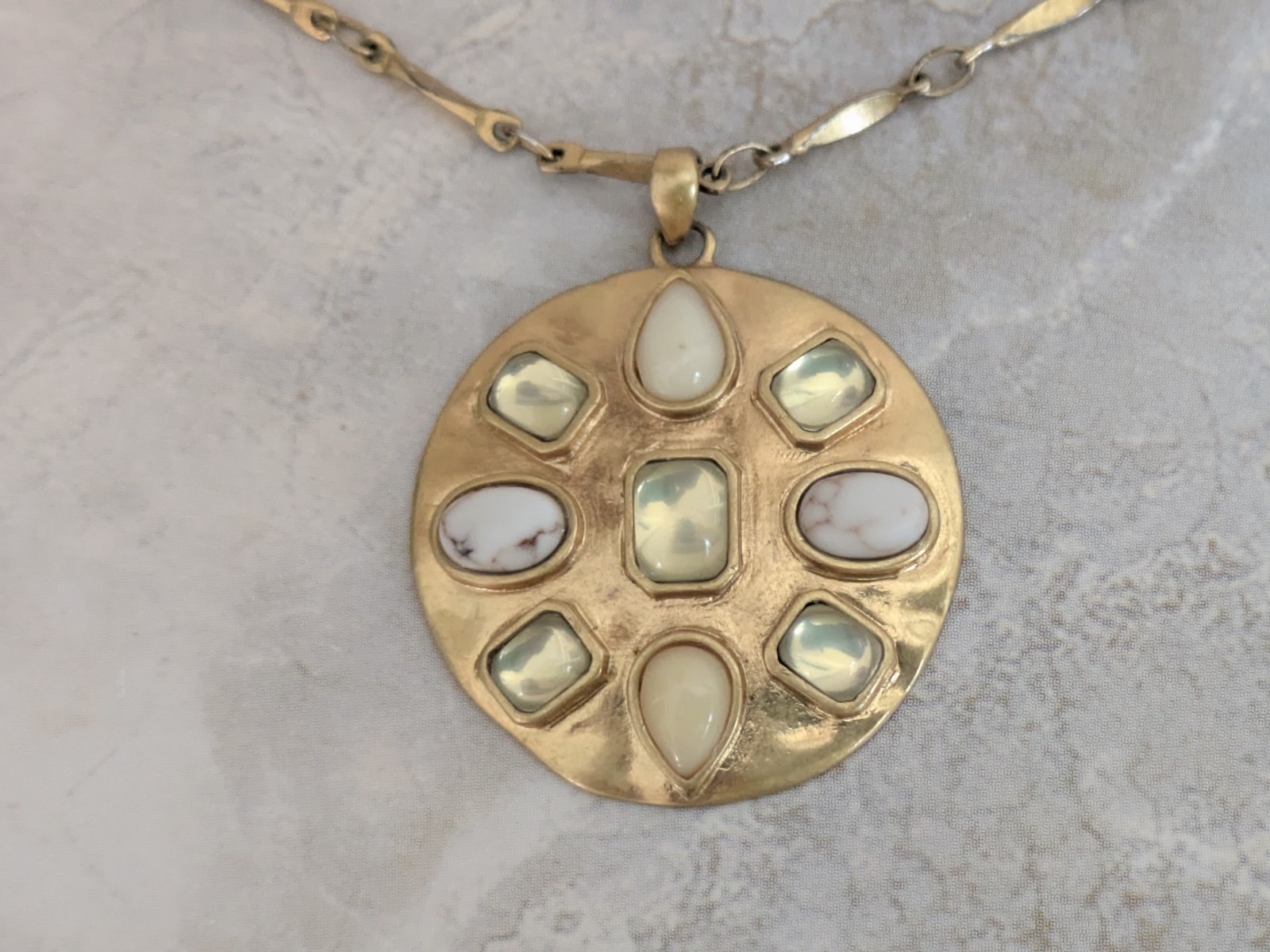 Stella & Dot Gold Tala Pendant Necklace with Yellow, White, Cream Stone Detail