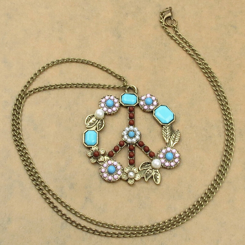 Vintage Long Statement Choker Necklace with Antiwar Peace Sign Pendant