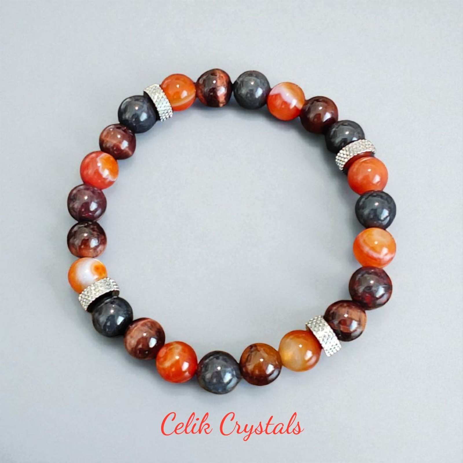 Bloodstone Jasper, Carnelian, Red Tiger Eye Bracelet 8mm Natural Stones Unisex