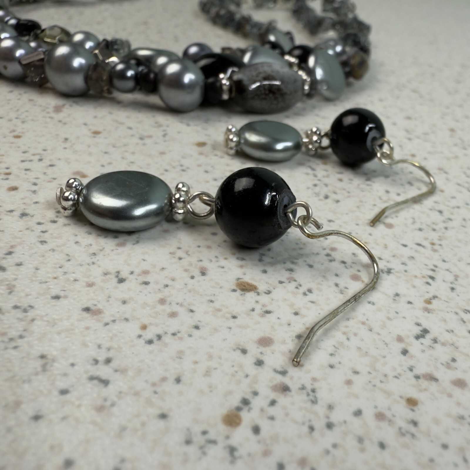 Metallic Black Silver Gray Chip Stone Beaded Multi Strand Necklace Earring Set