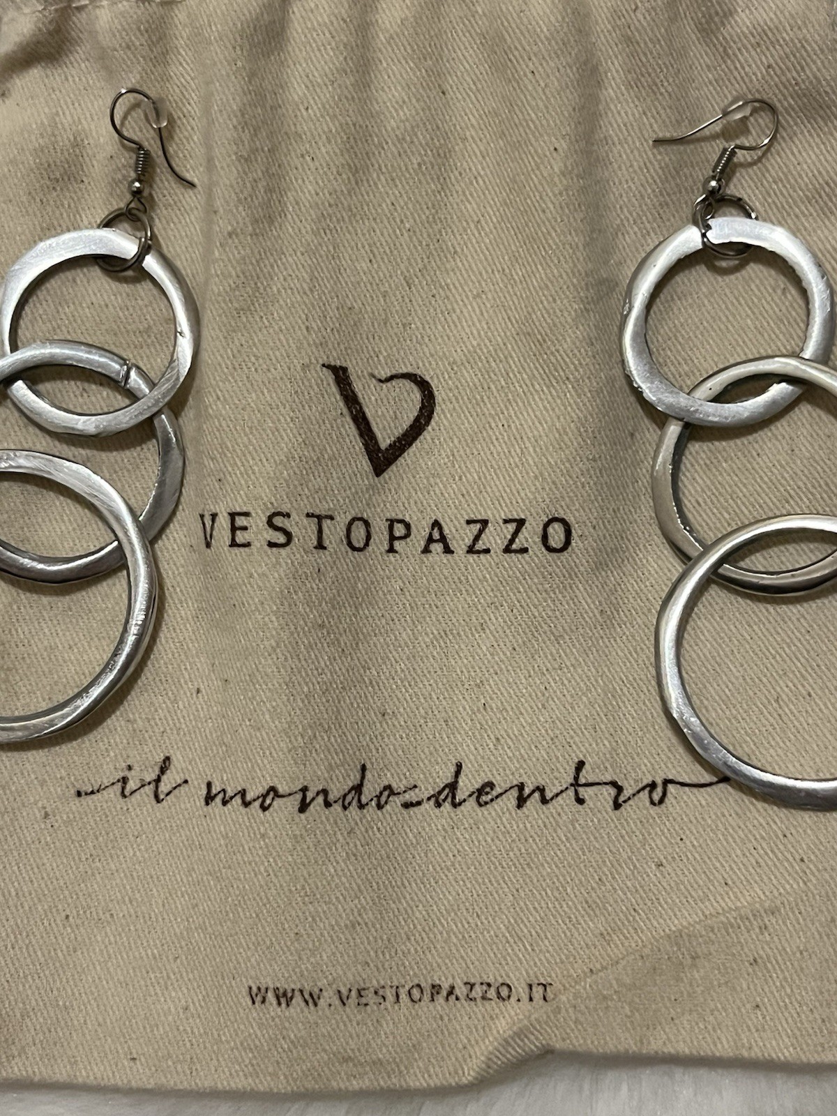 Vestopazzo Roma Three Hoop Long Dangle Earrings In High Polish Silvertone