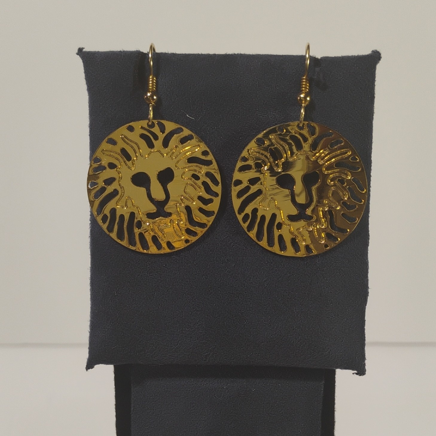 Gold Tone Round Lion Head Cutout Dangle/Drop Earrings, French Wire, 2.75 in