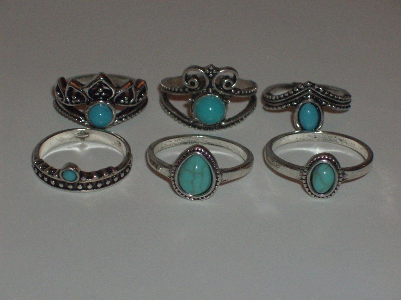 6 Pc Silvertone Blue Faux Stone Variety Ring Lot-Sizes 5, 5.5, 6, 7, 7.5 & 8