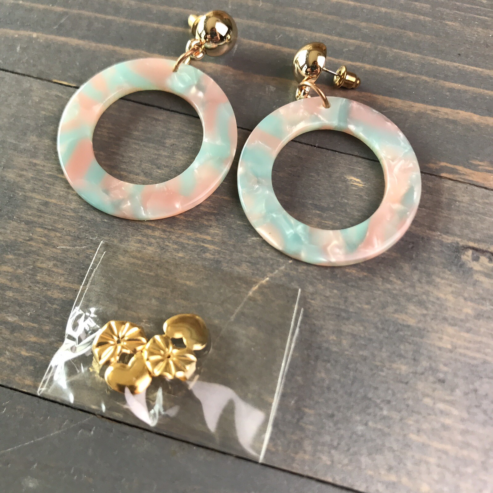Pink Teal plastic disc earrings dangle circle With Extra Backs marbled pattern