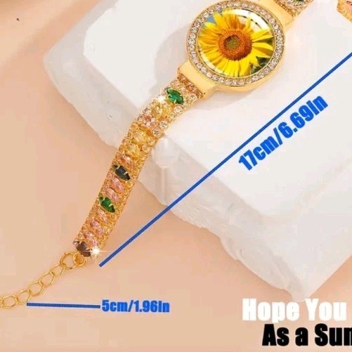 Elegant Round Glass Sunflower Bracelet Synthetic Zirconia, Gemstones, Goldtone