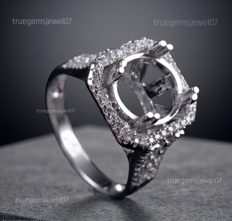 925 Silver Ring Semi Mount 10mm Round Cut Cushion Halo Engagement Setting Blank