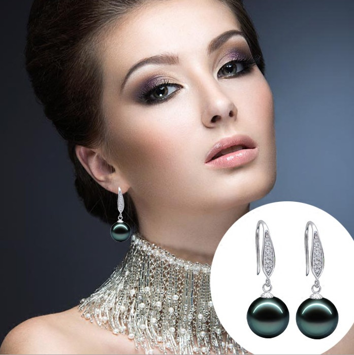 Sterling Silver Tahitian Black Natural Sea Shell Pearl CZ Drop Dangle Earrings