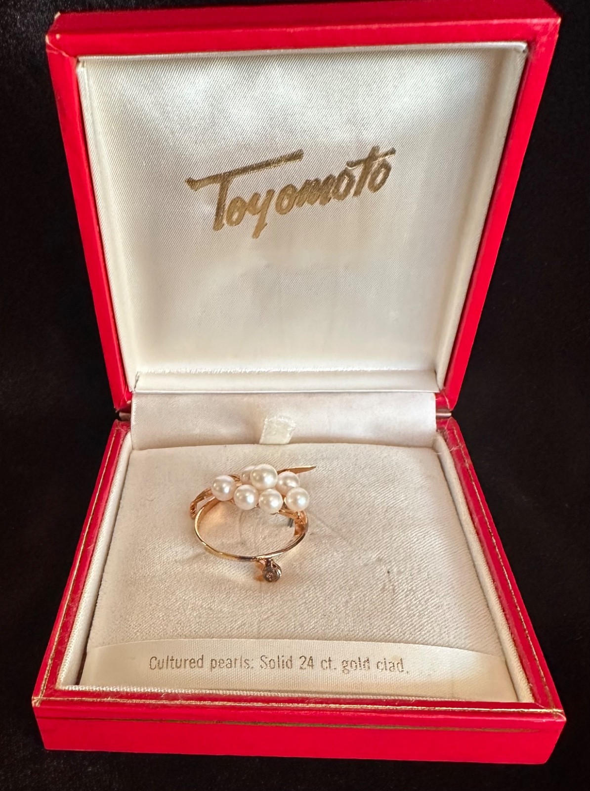 Vintage Toyomoto Cultured Pearl Cluster Ring 24ct Gold Clad With Original Box