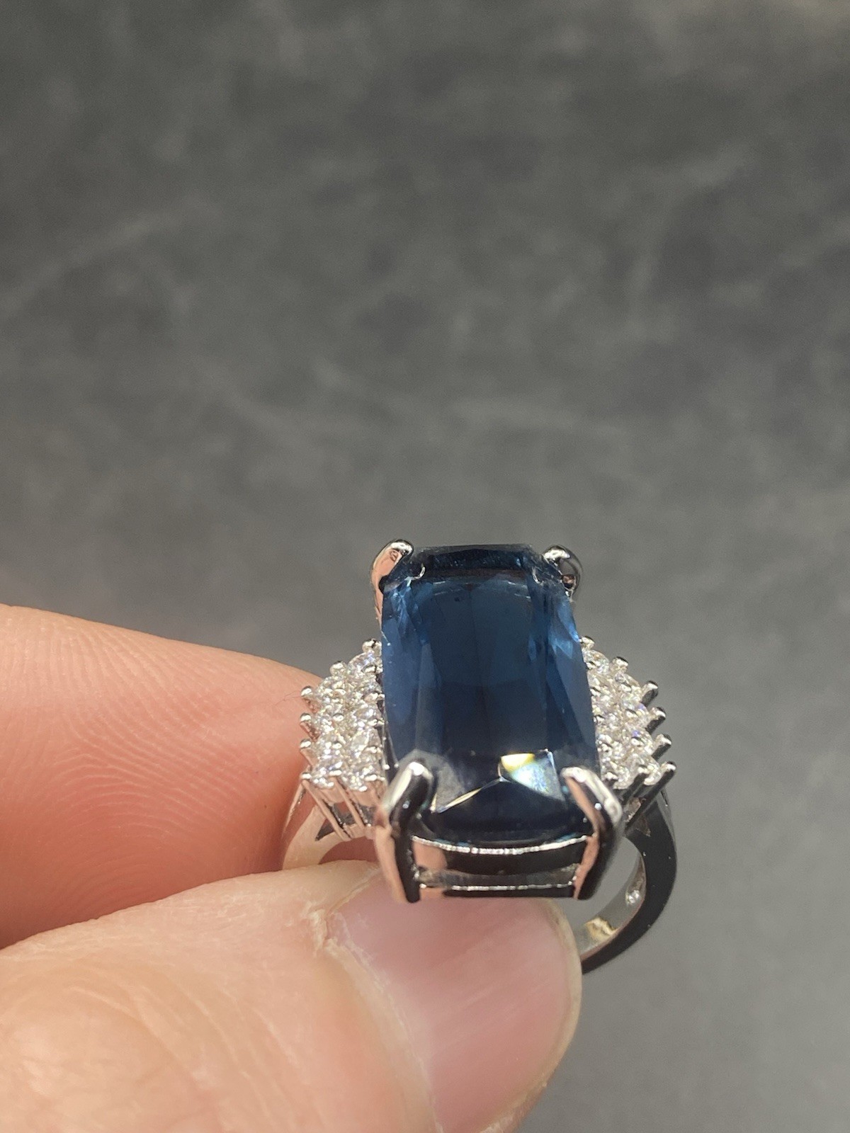 Cocktail Ring Elongated radiant cut blue sapphire & cz split shank Sterling 6.5￼