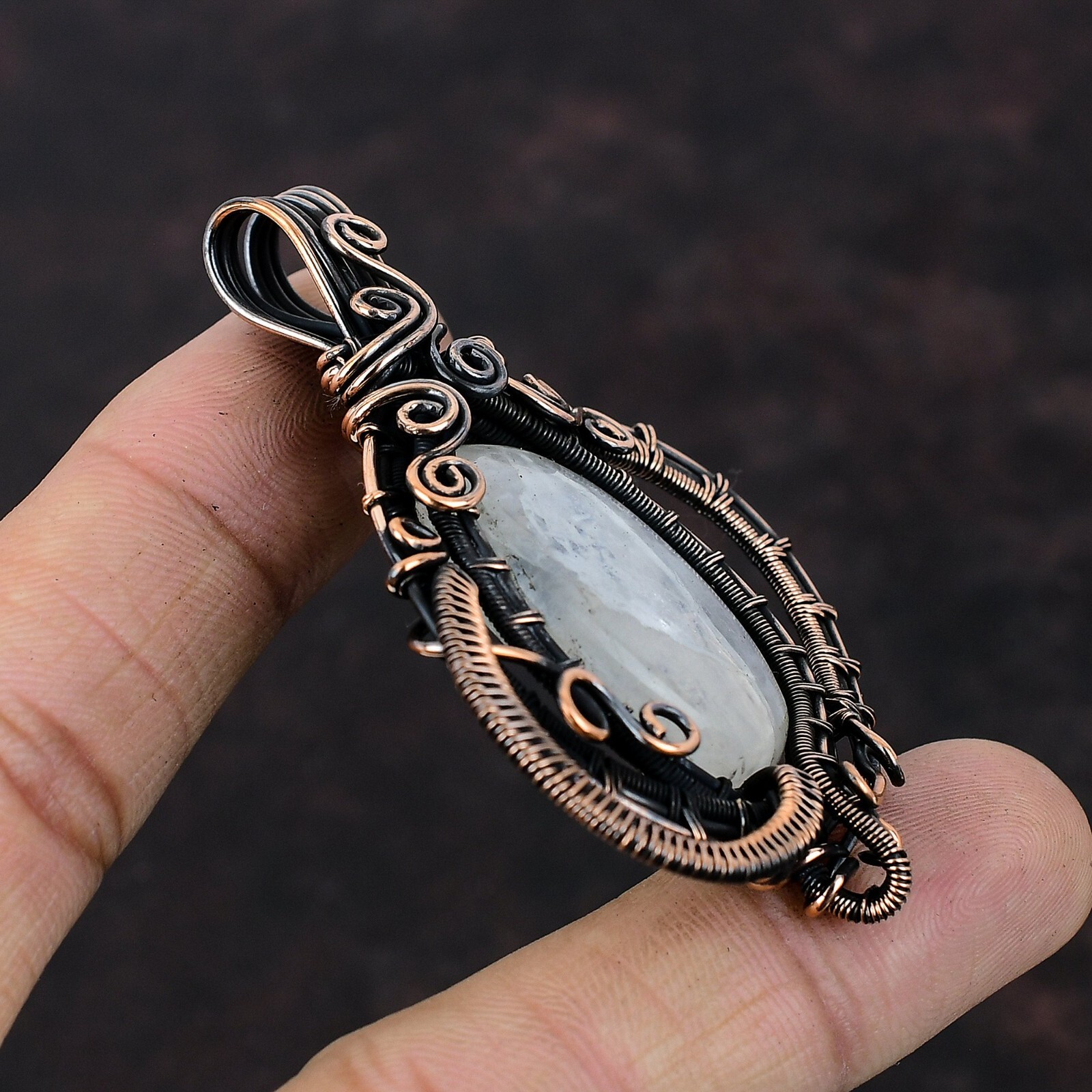 Rainbow Moonstone Wire Wrapped Pendant Handcrafted Copper Unique Gift 2.68″