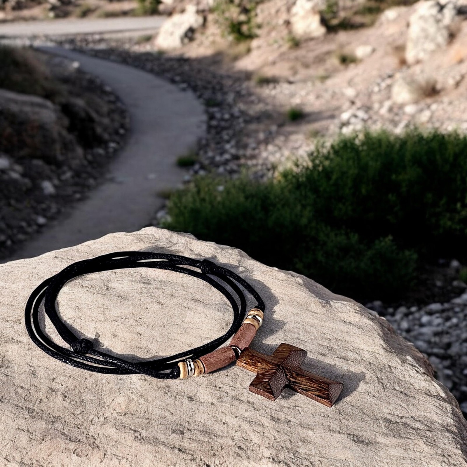 Hand Carved Wood Cross on Adjustable Black Cord Necklace