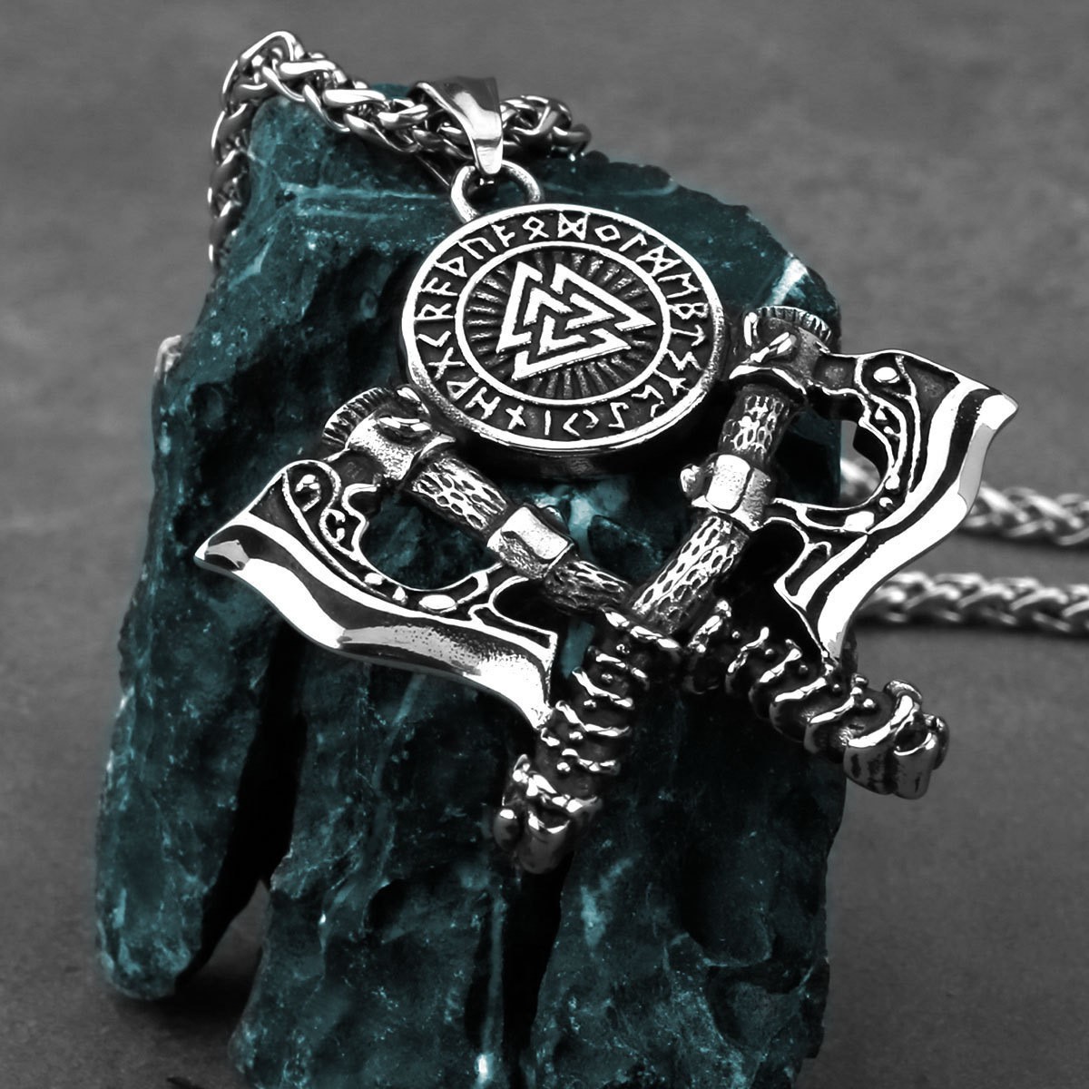 Viking Warrior Double Axe Stainless Steel Pendant Necklace Valknut Rune Chain
