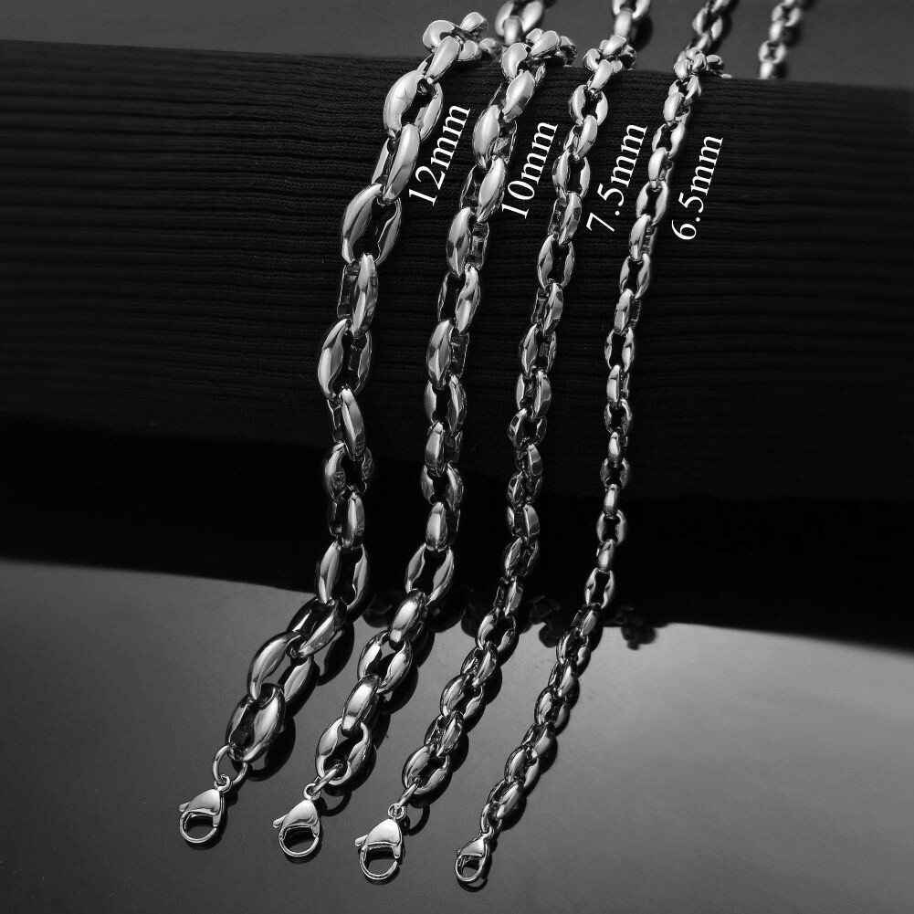 6.5/7.5/10/12mm New Men Women Chain Link Stainless Steel Coffee Beads Necklace