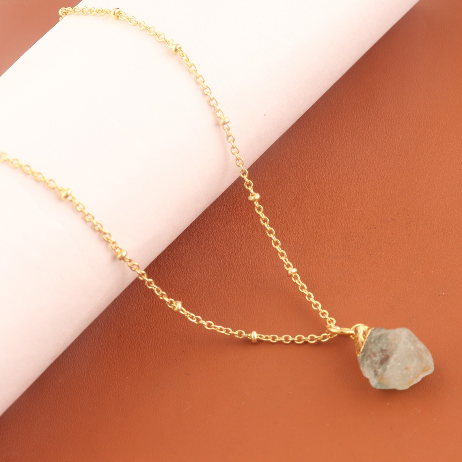 Dainty Natural Aquamarine Gold Plated Beaded Chain Pendant Necklace Jewelry