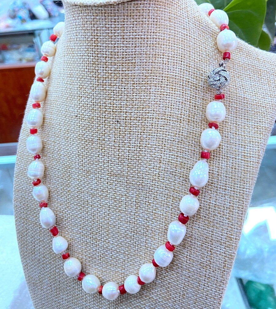 Genuine 10X12MM white Baroque Pearl & Red Coral gems beans Necklace 16-25 ” AA