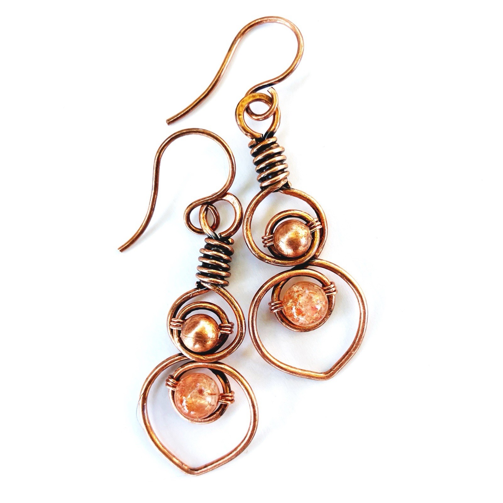 Crystal Wire Wrapped Dangle Earrings Copper Flower Petal Bohemian Nature