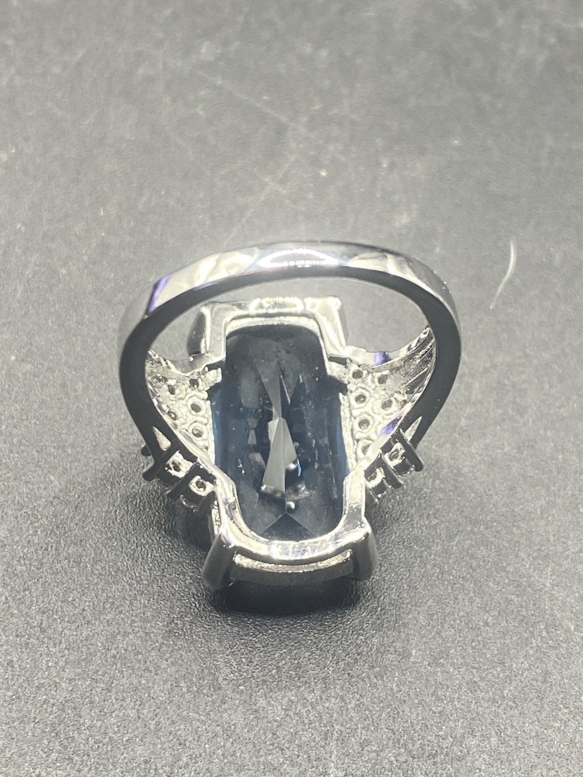 Cocktail Ring Elongated radiant cut blue sapphire & cz split shank Sterling 6.5￼