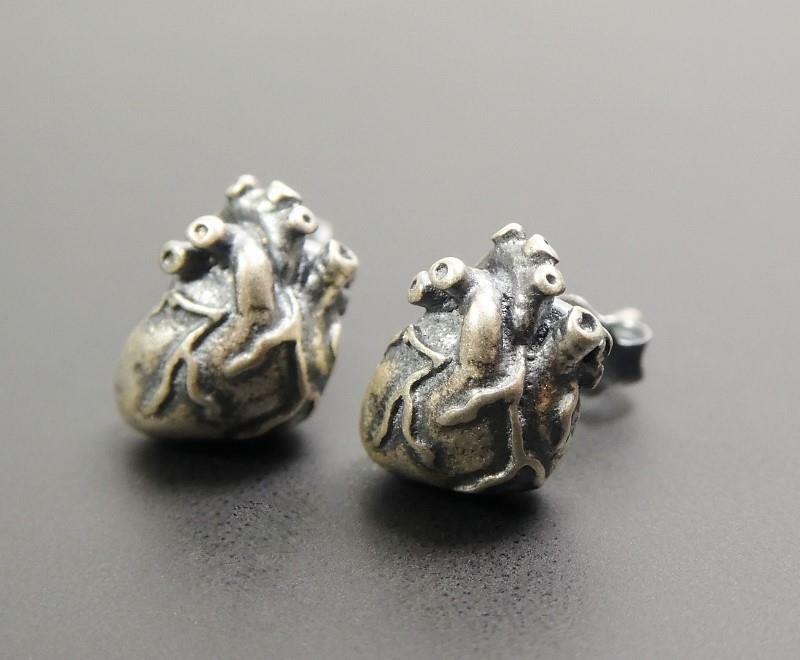 Handmade Unique Sterling Silver Anatomical Heart Tiny Stud Post Earrings Gothic