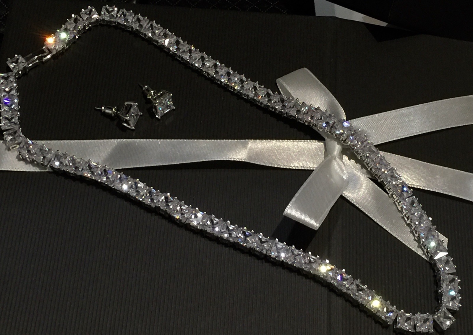 18k White Gold Plated Square Tennis Necklace Earrings made w Swarovski Crystal