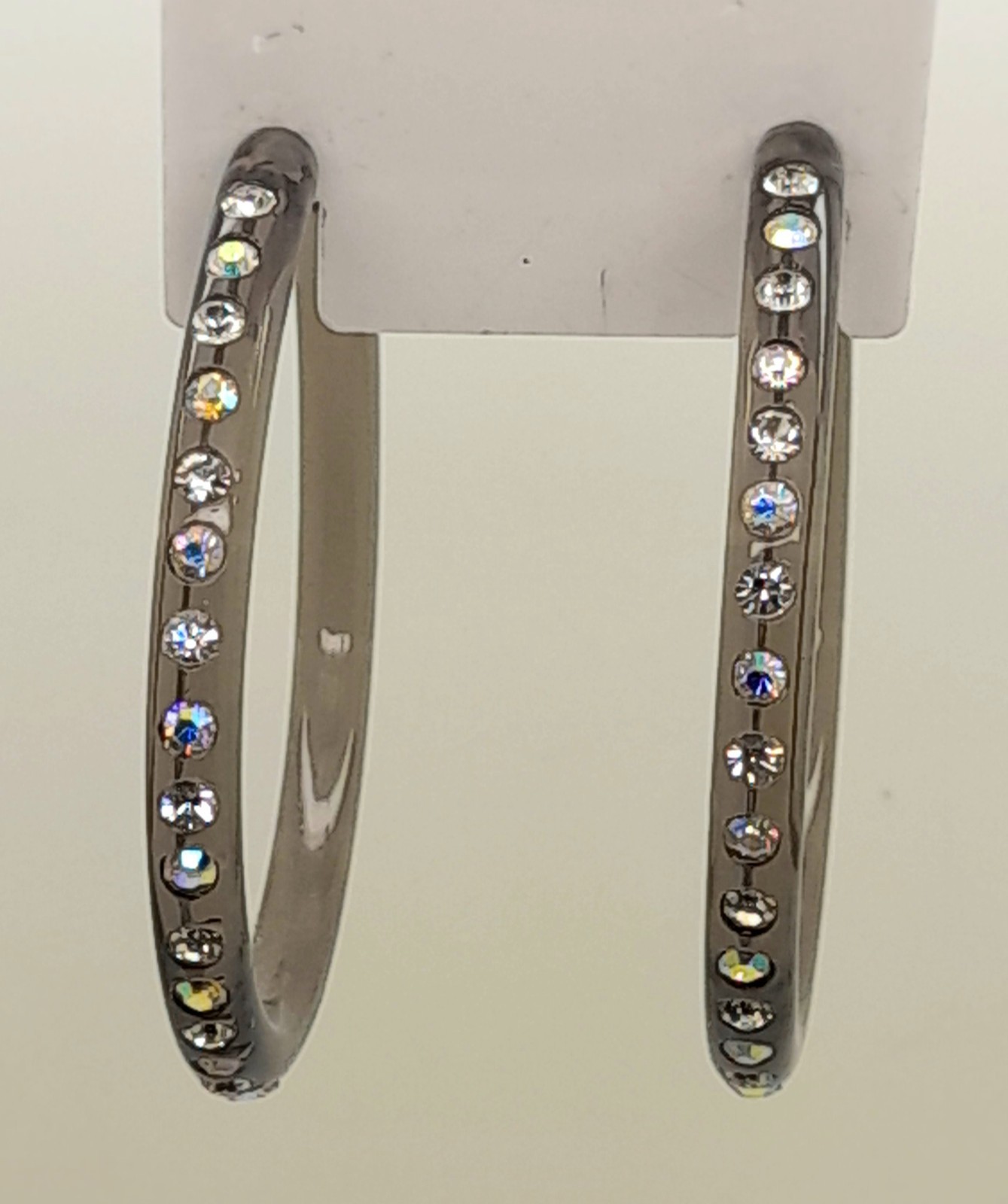 1.75INCH THIN DARK GRAY PLASTIC HOOP WITH CLEAR & AB RHINESTONE FASHION EARRINGS