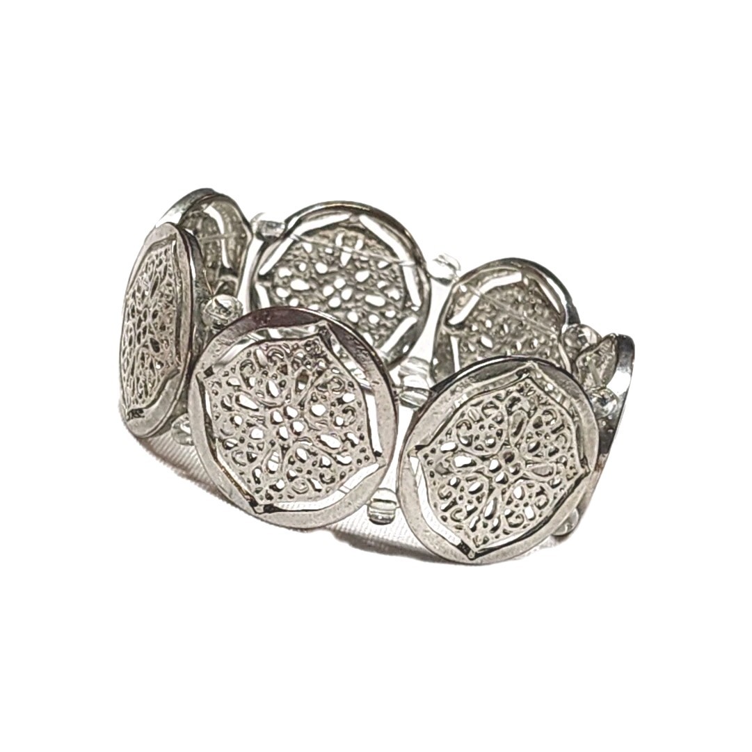 Silver Tone Filigree Round Coin Medallion Stretch Cuff Bangle Bracelet 7″ Boho