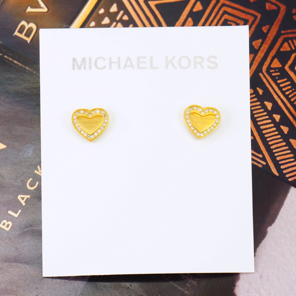 NWT Michael Kors Pave Heart Logo Stud Earrings MKJ3965 Gold Plated