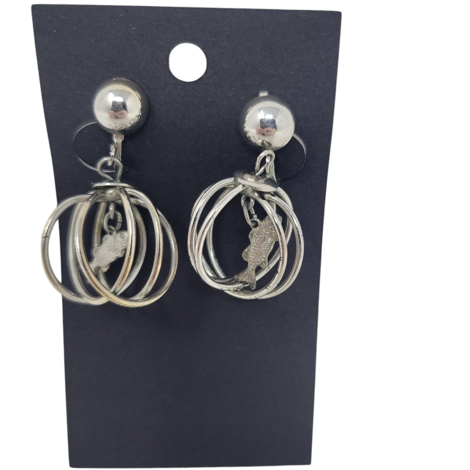 NEW Pair Of Silver Tone Clip On Earrings Sphere with Fish Charm Approx. 1.5″ L