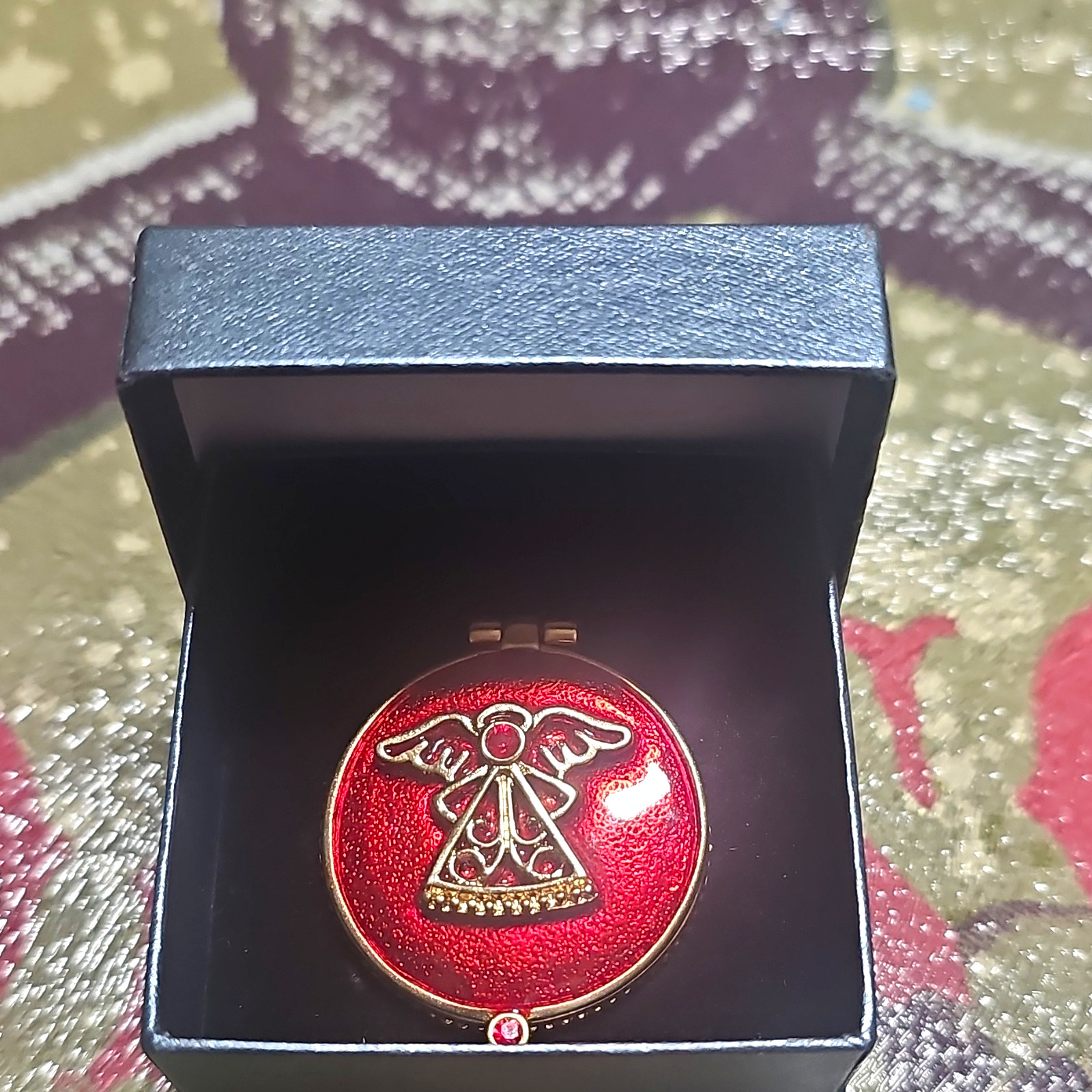 Gold Tone Round Angel Locket Pendant Necklace Chain, Red Detail Religious