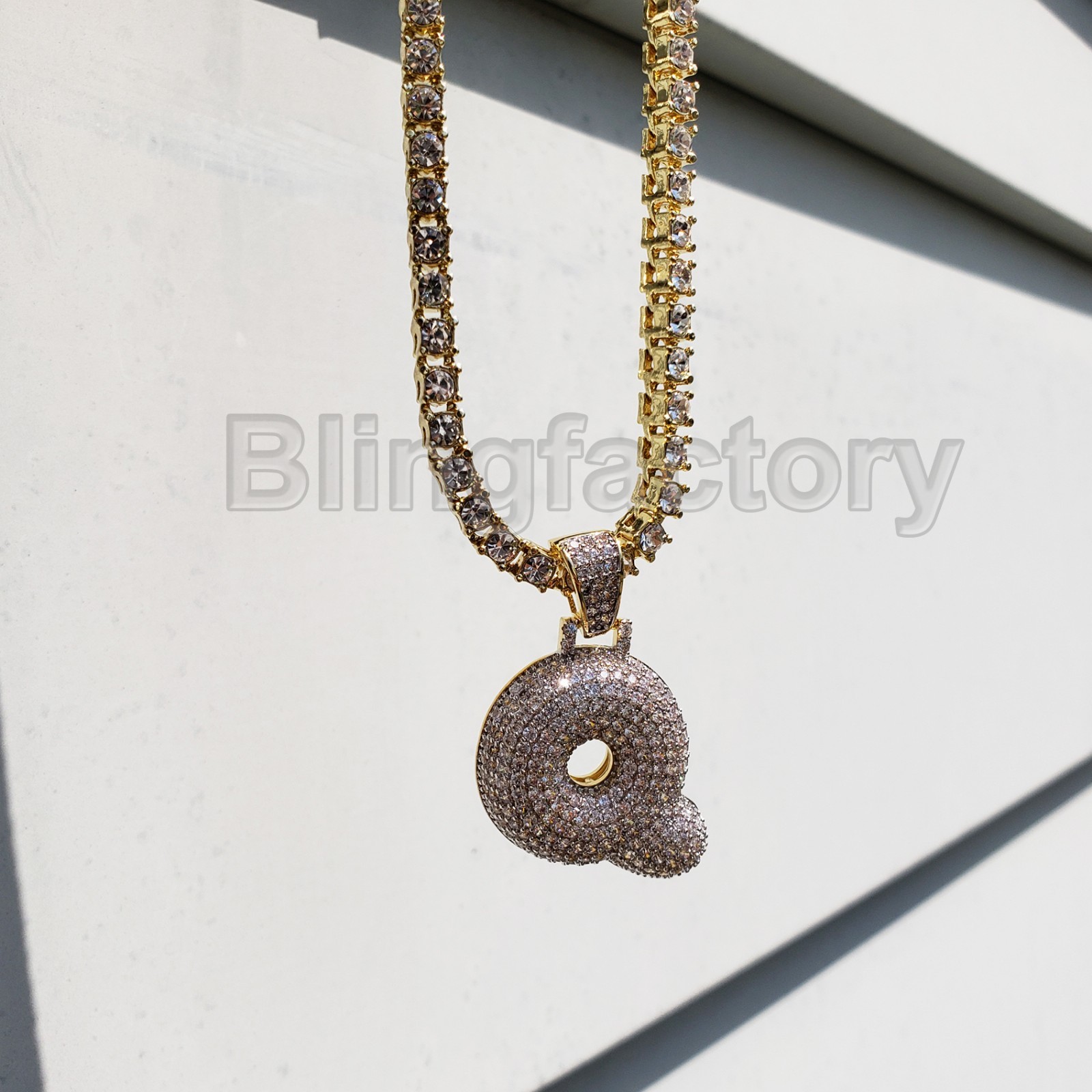 Bubble Initial “Q” Pendant & 18″ Full Iced Cuban & 1 Row Tennis Choker Chain Set